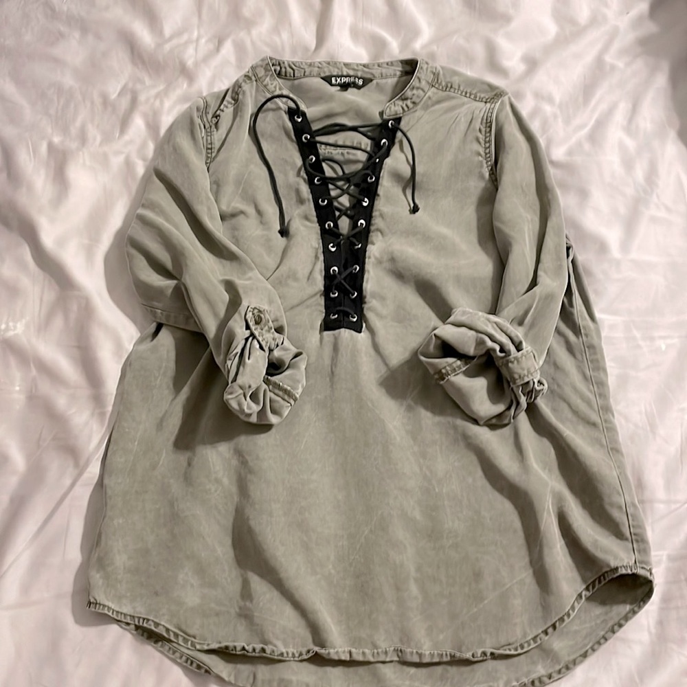 Express - Green 3/4 Roll Up Sleeve Top with Black Lace Up - Small